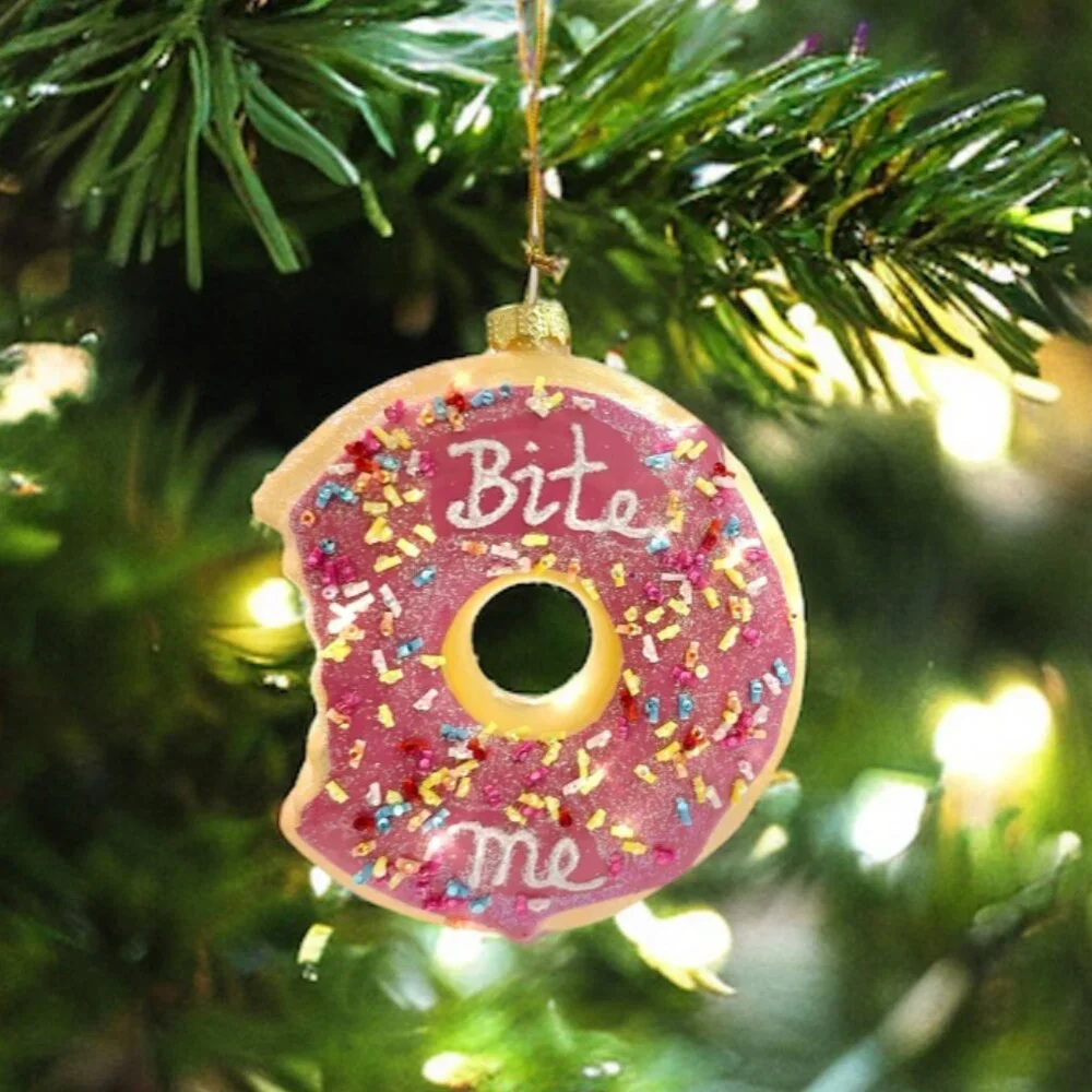 Cody Foster Donut Ornament “Bite Me” Pink Glass Xmas Ornament NWT